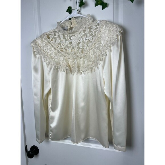 Vtg Sonya Ratay for SAN ANDRÉ high neck blouse with lace size 6 - Picture 2 of 12